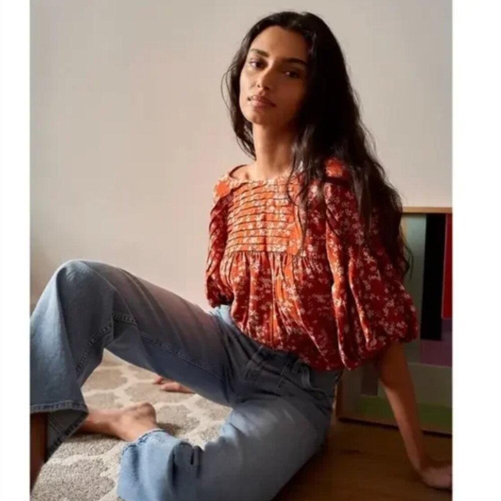 Free People Rust Floral Smocked Bodysuit